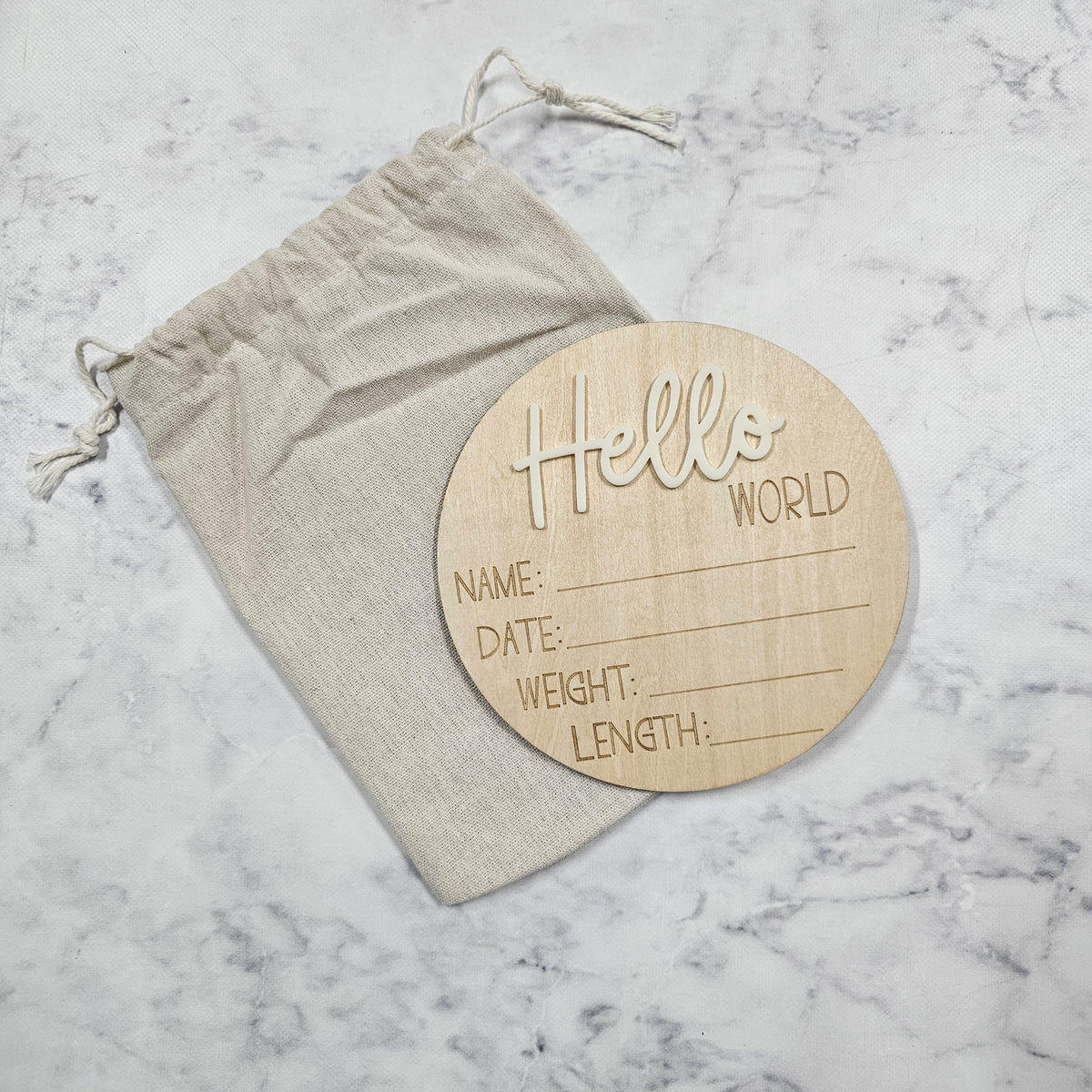 Wooden Birth Announcement Disc - Hello World